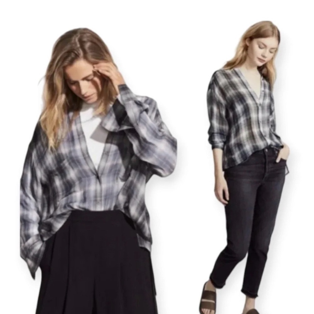 LNWOT - Vince Shadow Plaid V-Neck Silk Button Up Blouse in Twilight size Medium